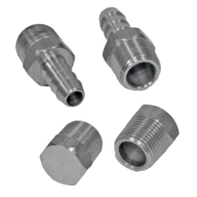 2 x Anschlussstück für 10-mm-Schlauchinnendurchmesser + 2 x Stopfen (3/8″ NPT-Gewinde)